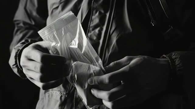 The  shows a person holding a plastic bag, a common method for drug distribution. It highlights the dangers and negative impact on society associated with substance abuse.