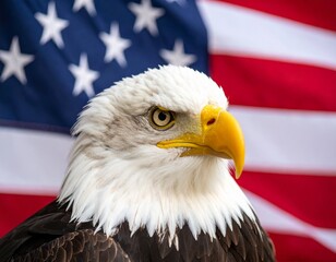 Naklejka premium Bald eagle standing against United States of America USA flag background for 4th of July. Patriotic bird with american banner backdrop for independence day holiday.
