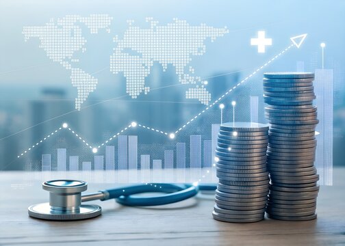 Conceptual image showing the financial health and analysis of global healthcare expenses with stacked coins stethoscope and charts in background. - Powered by Adobe