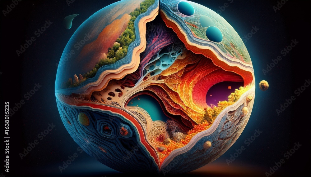 Poster cutaway view of a planet showing its internal layers and outer atmosphere