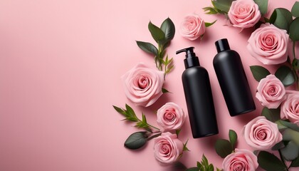 black cosmetic bottles arranged elegantly on pink background surrounded by delicate roses and greenery evoke sense of beauty and tranquility
