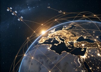 A stunning depiction of the globe at night illuminated by city lights showcasing advanced satellite communication networks and futuristic digital infrastructure