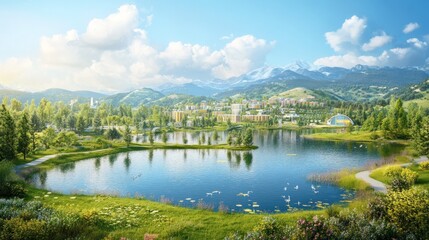 Fototapeta premium Modern residential area by lake with mountains