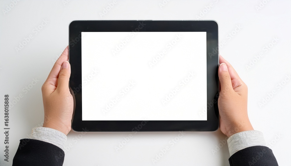 Poster hands are positioned to hold a blank tablet with a white background this device offers ideal space f