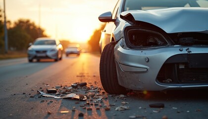 Damaged car sits on asphalt road after collision. Front end shows crumpled metal, missing headlight, bent wheel. Debris litters roadside. Sunset light casts long shadows. Cars blurred in background,