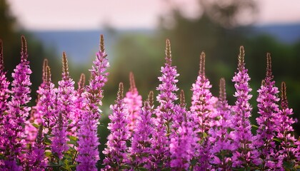 gardening pink flowers of purple loosestrife lythrum salicaria inflorescences organized in decorative spikes blurred background