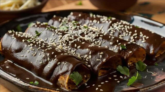 A plate of enchiladas with a sauce and garnish. The enchiladas are covered in a brown sauce and sprinkled with sesame seeds