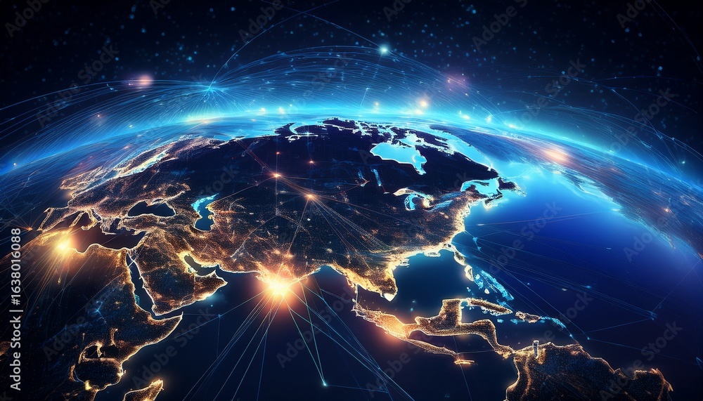 Poster a stunning view of earth at night illuminated by city lights and connected by digital network with g