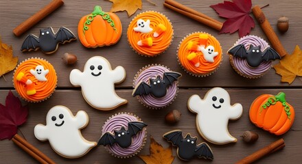 Halloween cookies and cupcakes on wooden table