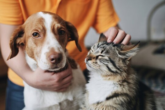 Man petting friendly dog and cat together at home, bonding, adoption, companionship, mixed pets portrait.