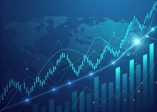 Abstract illustration of financial investment and global market growth with upward trending charts and world map background in blue tones.