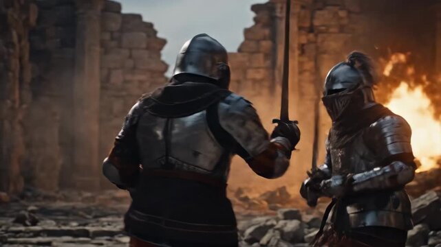 Steel Clash Two Armored Knights Locked in a Fierce Sword Duel, medieval war, ancient war.
