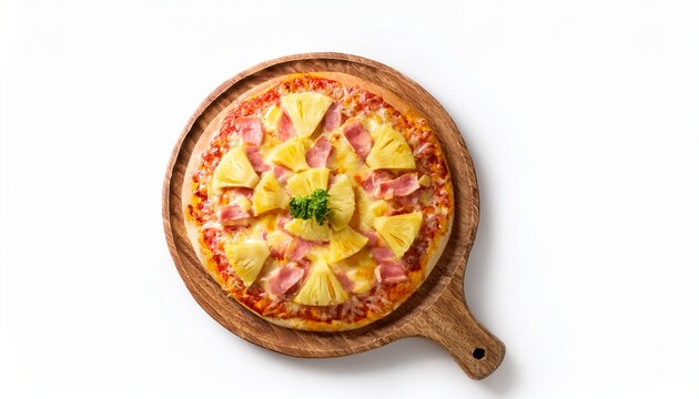 hawaiian pizza with pineapple and ham on wooden tray isolated on white background concept of fast food trends casual dining aesthetic and tasty flat lay visuals for delivery promotions copy space