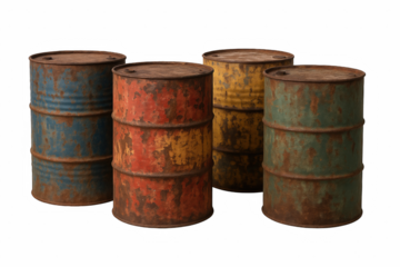 Collection of Four Weathered and Rusted Metal Barrels in Various Colors, Isolated on Black