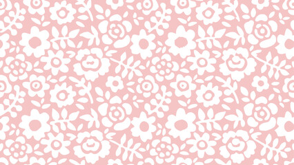 Seamless pattern of white flowers and leaves on a pink background creates a floral wallpaper effect