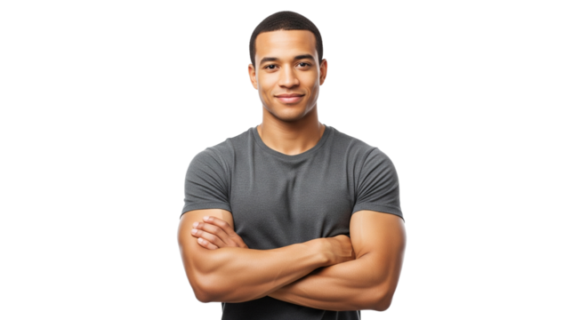 Junger, athletischer Mann mit schwarzen, kurzen Haaren steht vor transparenten Hintergrund, PNG