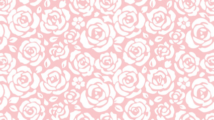 Seamless pattern of white roses and small flowers on a light pink background creating a floral design