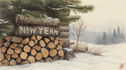 New Years Log Cabin Scene