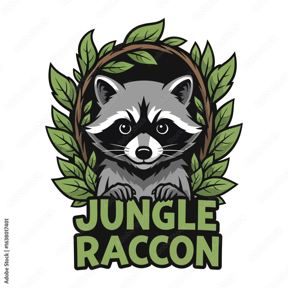 Poster a raccoon illustration is centered within a circular leafy frame with text below.