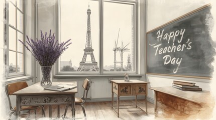 Happy Teachers Day Classroom Interior with Eiffel Tower View