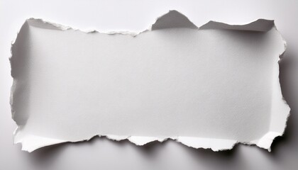 textured torn piece of blank white paper with rough jagged edges on white background