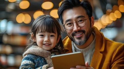 A father and daughter sharing a warm moment with a digital tablet