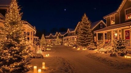 Enchanting Winter Wonderland Street with Houses and Glowing Christmas Lights at Night, creating a cozy and magical holiday atmosphere in a snowy landscape. - Powered by Adobe