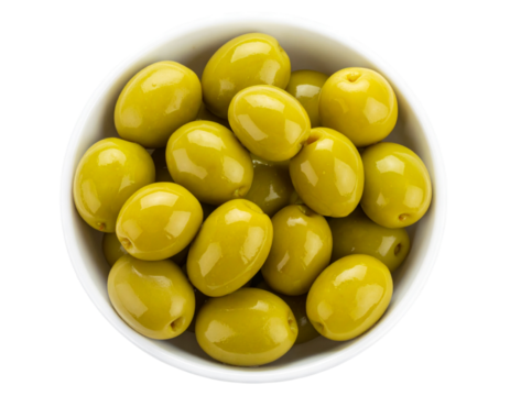 Green Olives Piled in White Bowl, Multiple Angles Including Side and Top Views