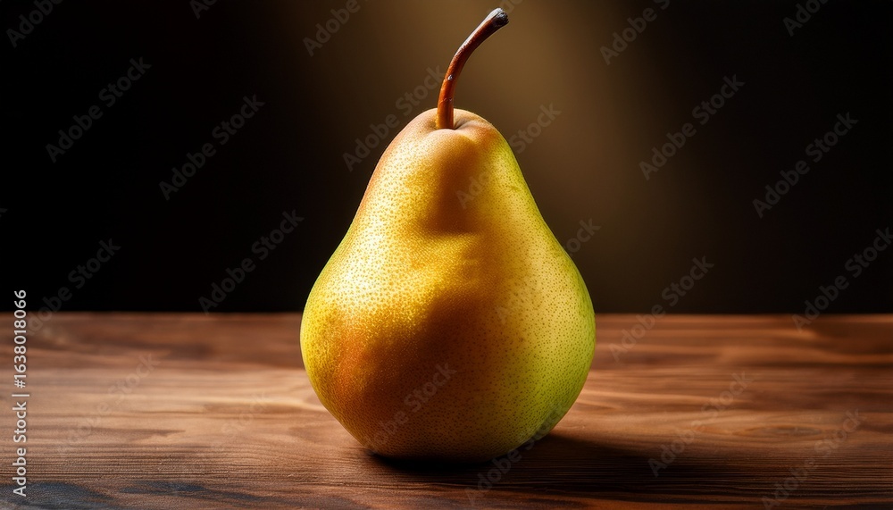 Poster whole pear with smooth skin and subtle color gradient on a rustic wooden table highlighted by natura