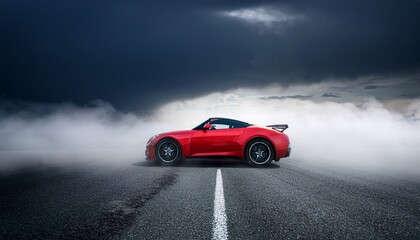 red sports car in dramatic fog