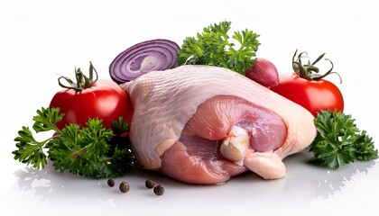 raw chicken leg quarter with red onion tomato and parsley on meat