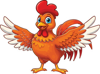 Colorful cartoon chicken with outstretched wings, happy farm animal illustration, children's book character, fun poultry drawing, educational, animated, bright