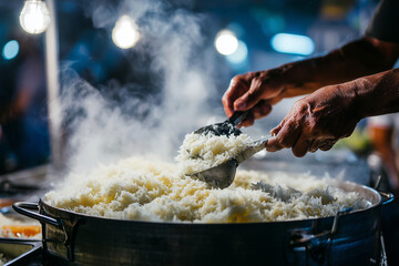 Street vendor scooping steaming coconut rice from a large metal pot in a night market