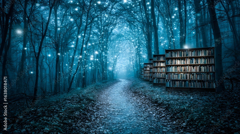 Poster magical forest path lined with bookcases filled with books.