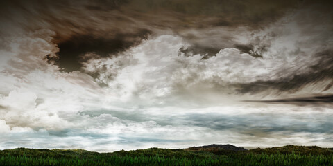 Fototapeta premium rain on the river/Dramatic cloudy sky with dark moody horizon under stormy weather.