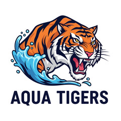 Fototapeta premium A tiger with open mouth emerges from water waves the text 