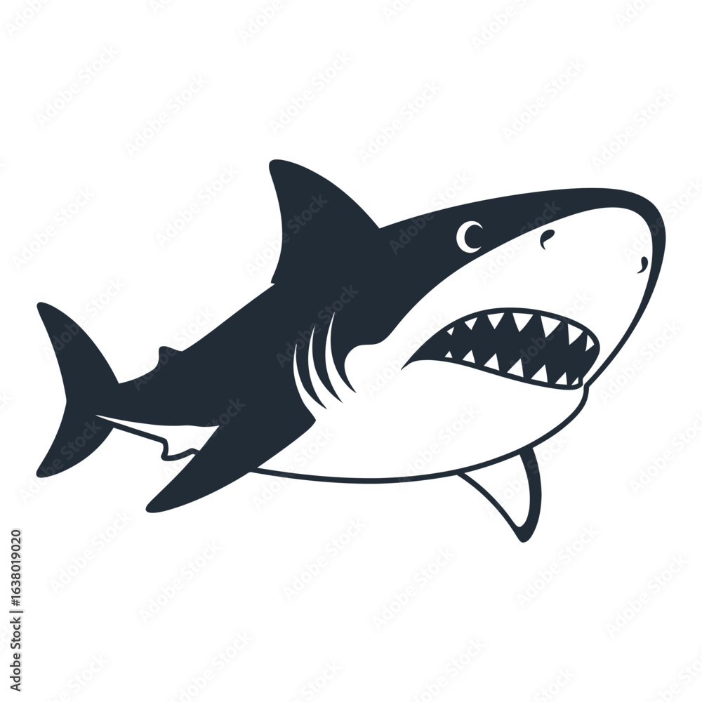 Poster a cartoon shark with open jaws showing teeth appears in a side profile.