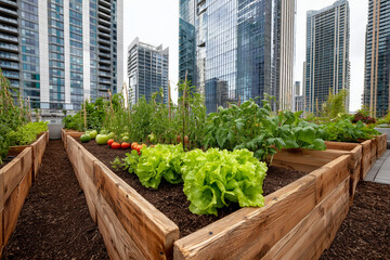 Raised garden beds filled with tomatoes, lettuce, and herbs in an urban courtyard 