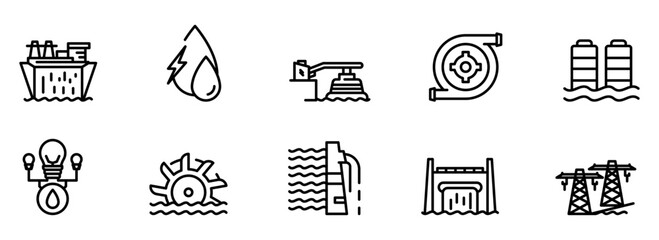 Clean Line Icons: Hydropower, Offshore Oil, Renewable Energy, Power Generation, Sustainable Energy Sources, Electricity Transmission,  Water Turbine Technology.