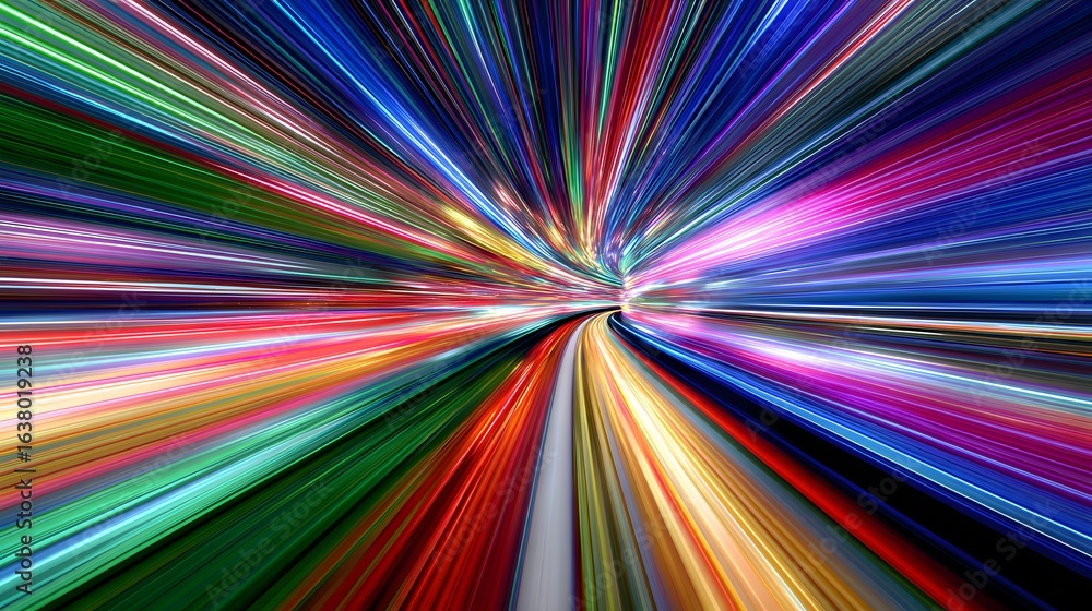 Poster vibrant streaks of color create a dynamic tunnel effect.
