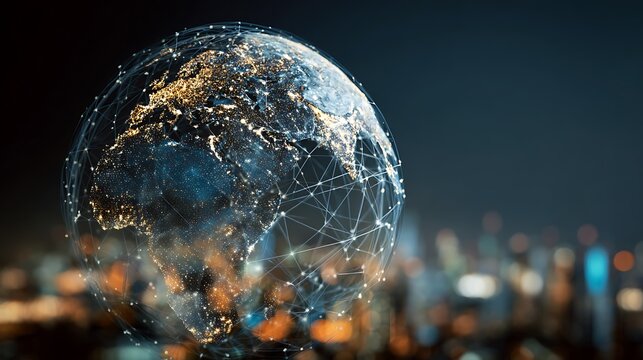 shake with world globe cityscape, abstract vision, and futuristic network links business disruptive partners. connection to 5G Blockchain technology innovation digital. - Powered by Adobe
