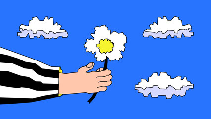 Hand holding white daisy flower against blue sky with clouds. Minimalist vector illustration. Bold colors and clean outlines. Modern, abstract, and playful design. Advertising seasonal sale poster 