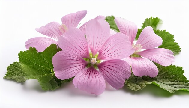 floral pink malva sylvestris blossoms with green leaves on a white background
