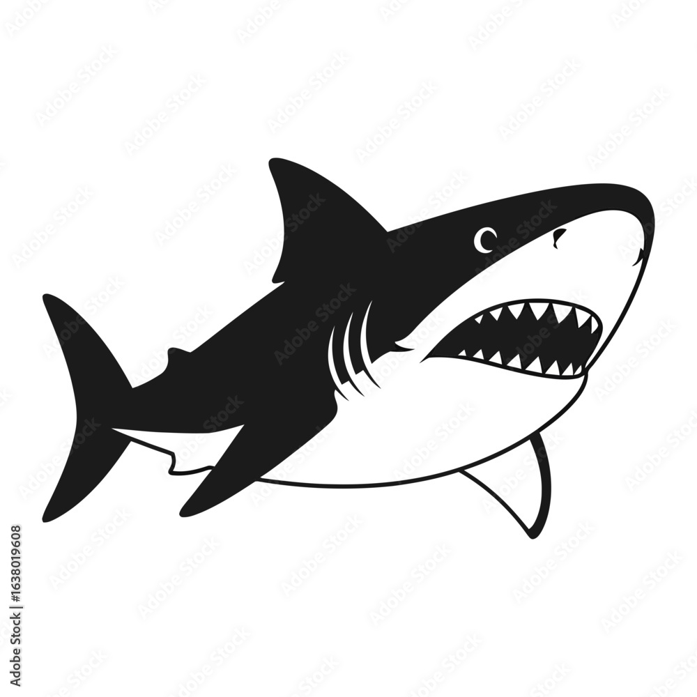 Poster a black and white shark illustration displaying open jaws and sharp teeth.
