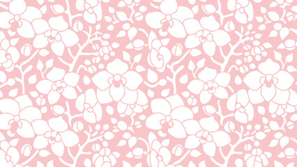 Seamless pattern of white orchids with leaves and buds on a soft pink background creating a floral design