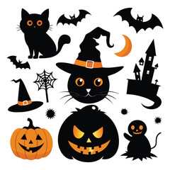 Fototapeta premium Halloween Silhouette Icons with Black Cat and Pumpkin