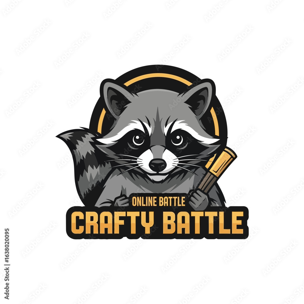 Poster a raccoon character holds a golden object within a circular emblem design.