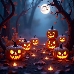 Spooky Halloween Night with Haunted House, Old Road, and Pumpkin Lanterns