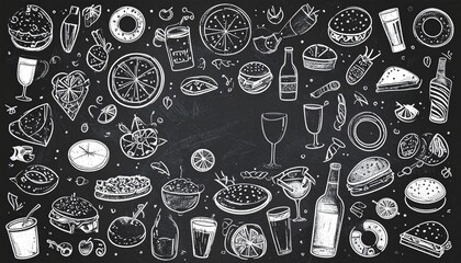 Food and drinks doodle icon set on a chalkboard background. Menu template for a restaurant, cafe, or bar.