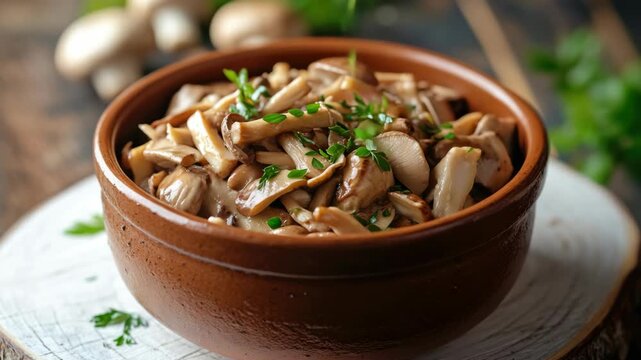 A hearty and delicious mushroom soup served in a terracotta bowl.